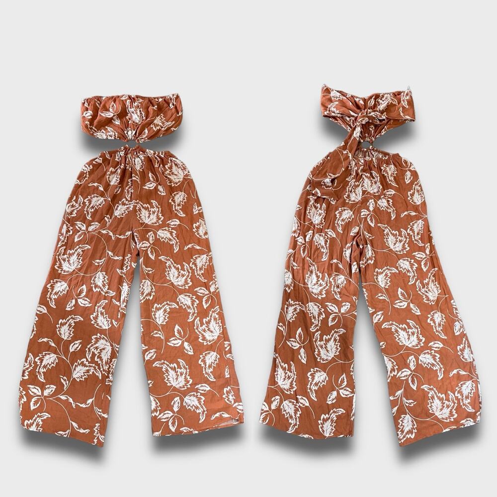 LUSH NEW ALMOND CREAM LEAF FLORAL CUTOUT JUMPSUIT BROWN SMALL